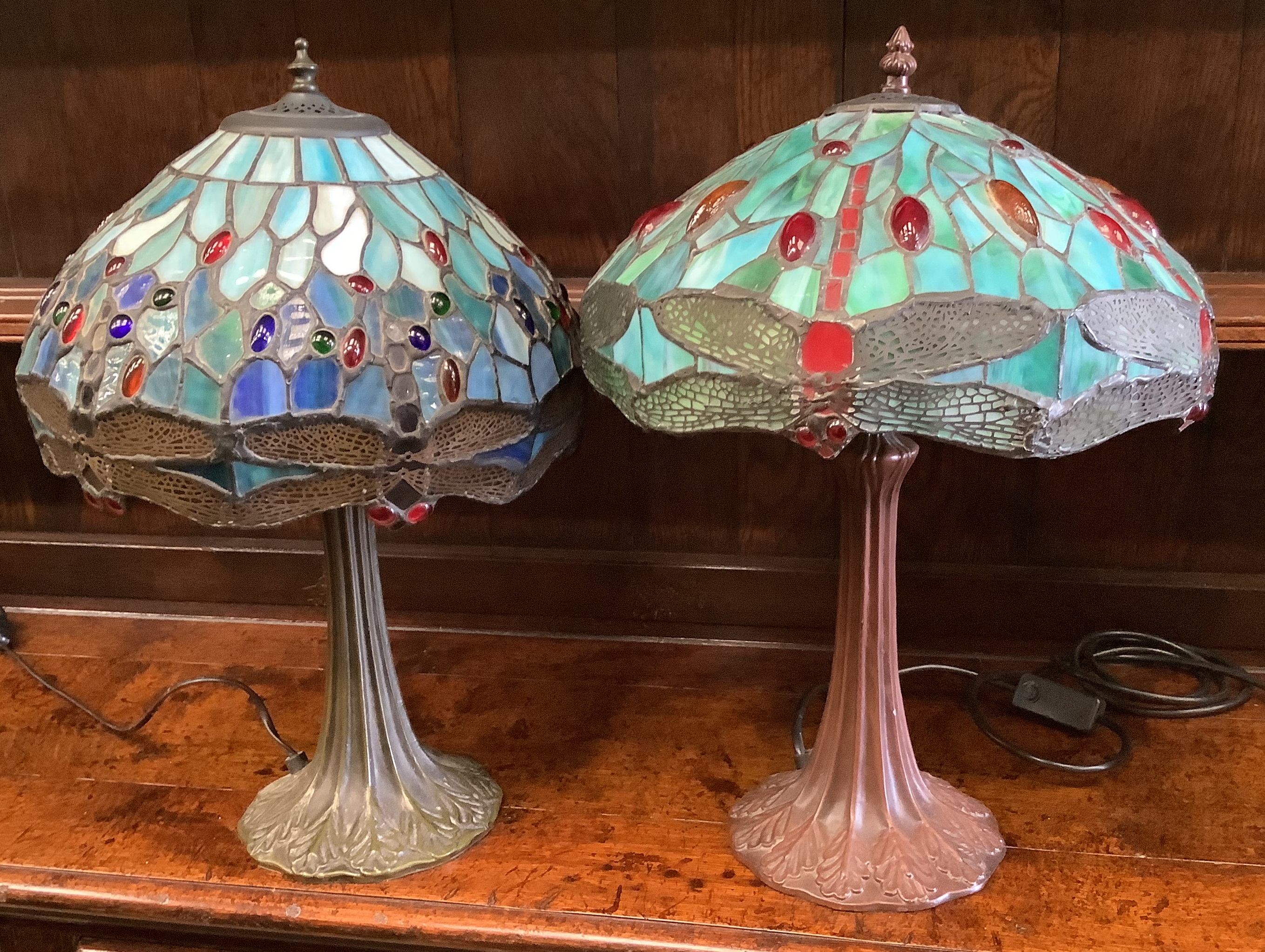 Two Tiffany style stained glass table lamps larger 45cm high